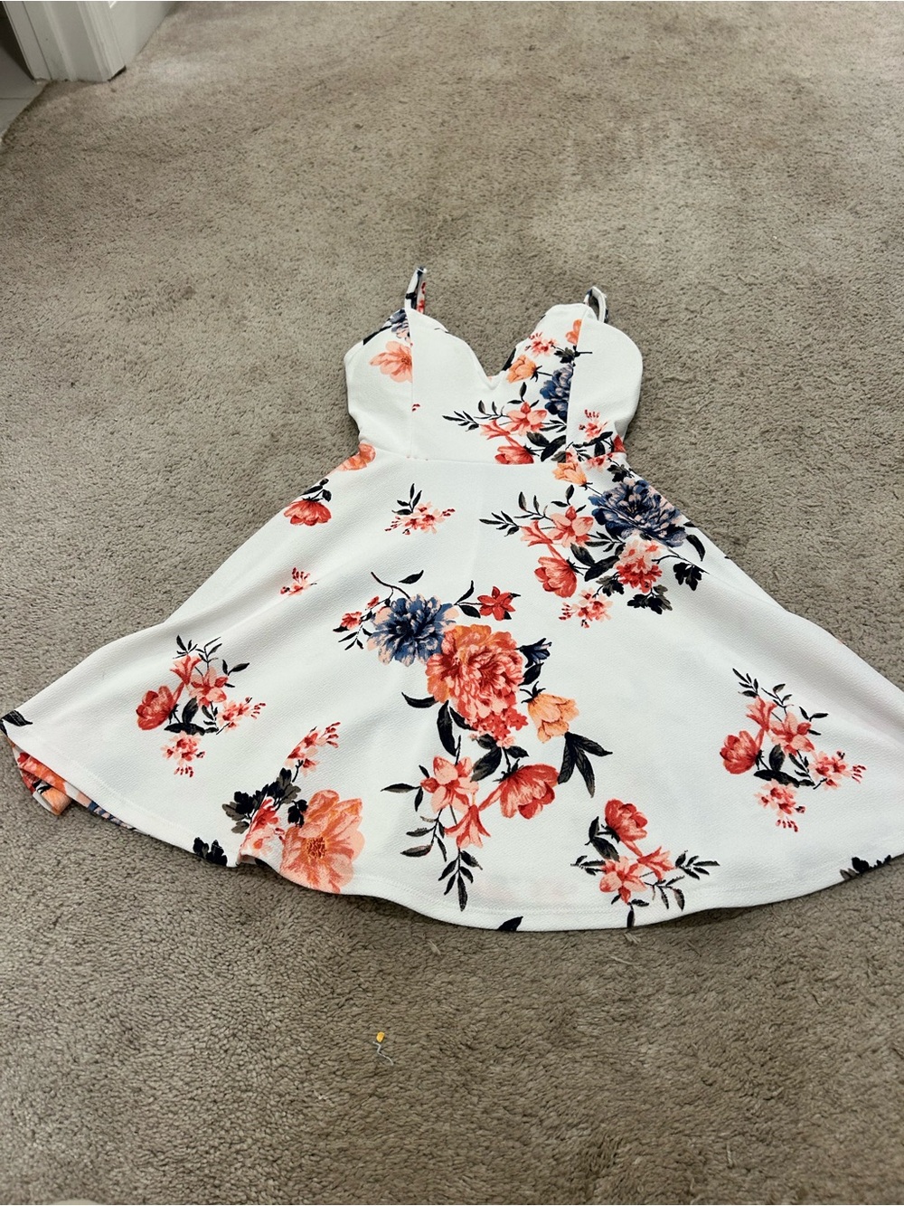White Floral Fit-and-Flare Kids Dress with Peach & Navy Blooms